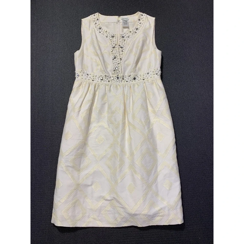 Kate Spade Yellow Geometric Embellished Silk Lined Dress‎ Sz 8 Wedding Summer